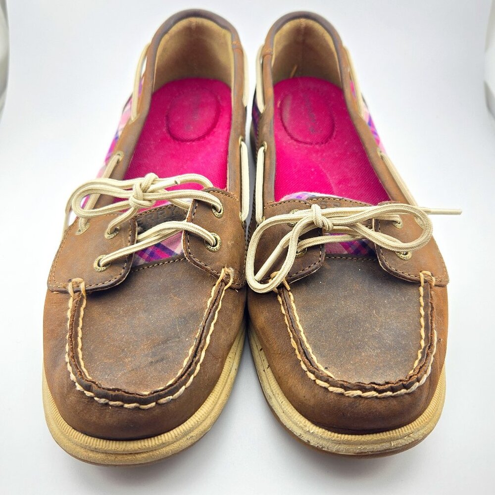 Sperry Angelfish Boat Shoes | Women’s Size 10M | Brown Leather & Pink Plaid